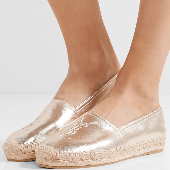 New YSL Logo Embossed Metallic Leather Espadrilles - Picture 6 of 13